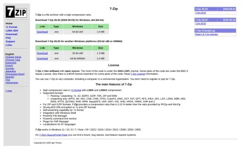 7-Zip 공식 배포처 페이지 첫 화면