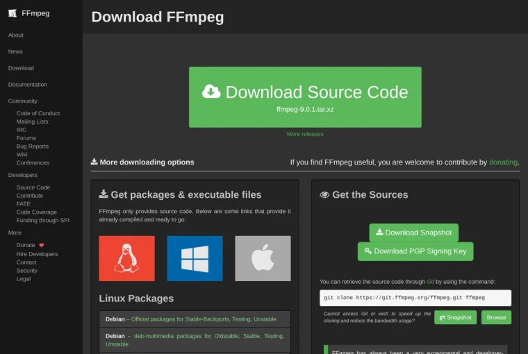 FFmpeg 공식 배포처 페이지 첫 화면