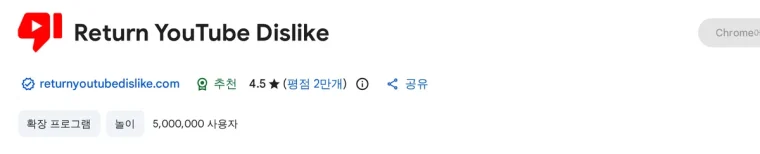 Return YouTube Dislike 크롬 웹스토어 페이지(사용자 수·평점)